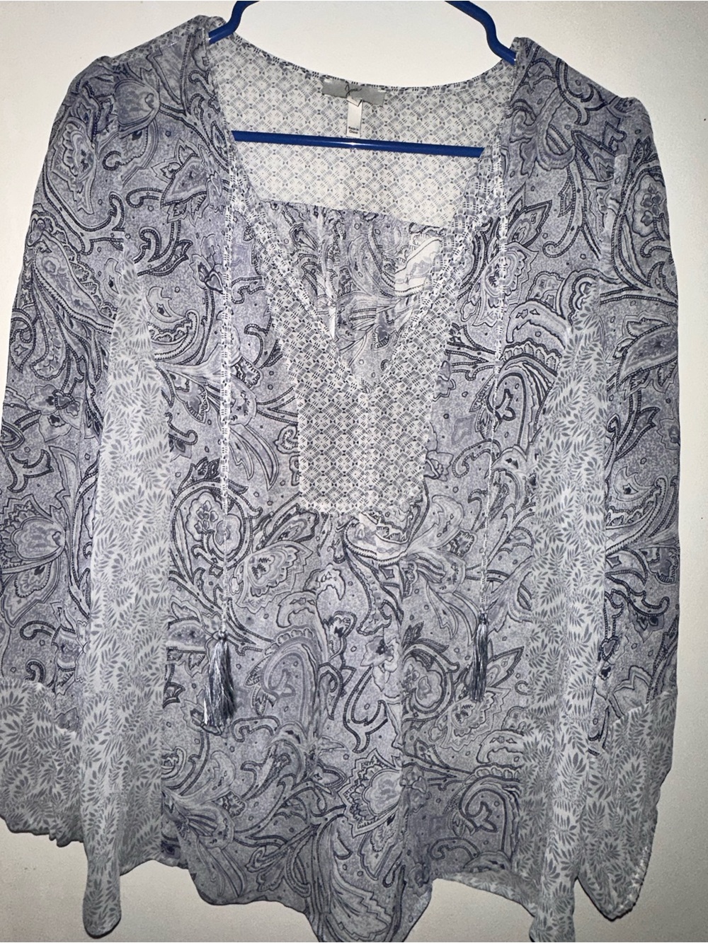 Joie Sheer Paisley Peasant Blouse in Blue and White